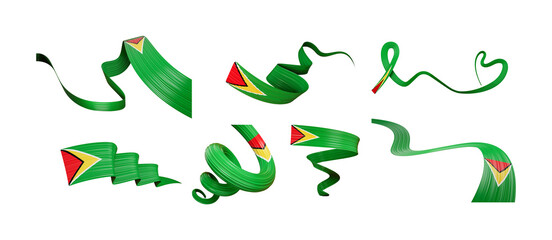 3d Set Of Different Style Of Guyana Flags Waving Ribbon Flags On White Background 3d Illustration