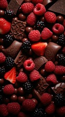 Chocolate, berries, and chocolate are arranged in a pattern. Generative AI.