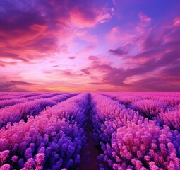 Obraz premium Lavender field at sunset. Generative AI.