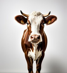 Close-Up Portrait of a Brown and White Cow with Tagged Ears