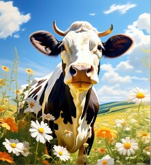 Close-Up of a Beautiful Cow Amidst Blooming Flowers Under the Clear Blue Sky