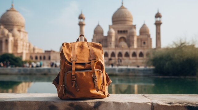 Traveler's Backpack in Front of Historical Monument