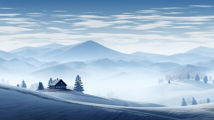 Solitary wooden cabin in snow covered mountain meadow surrounded by fir trees in winter landscape