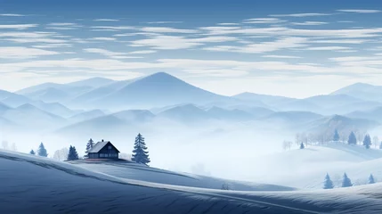 Foto op Plexiglas Solitary wooden cabin in snow covered mountain meadow surrounded by fir trees in winter landscape © Ilja