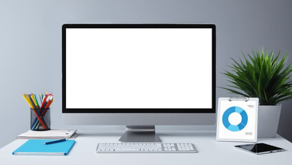 Workspace with Blank Computer Screen. Desktop Computer Monitor with Mock Up Blue Screen Display Standing on Desk in Modern Business Office.