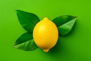 Lemon isolated on green background. Citrus fruit. Top view, flat lay.