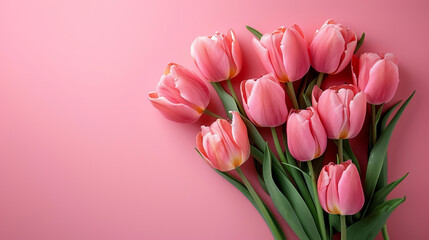 Obraz premium A bouquet of pink tulips on a pink background, showcasing the elegance of AI generative art.