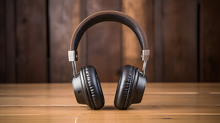 Retro headphones of black leather isolated on white background