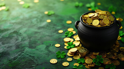 The magic of St. Patrick's Day captured in a pot of gold coins, an image from AI generative art. - Powered by Adobe