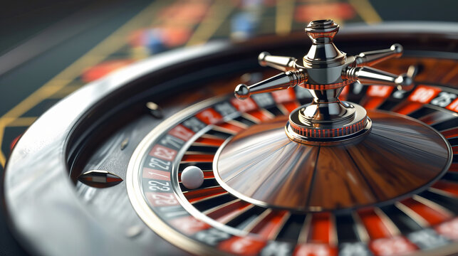 A detailed view of a roulette wheel with a strong focus on the shiny metal spinner and blurred numbers.