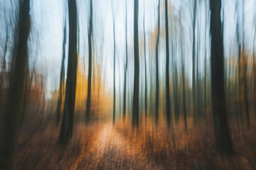 Motion blur forest background, depicting stress, panic or fear in a forest environment