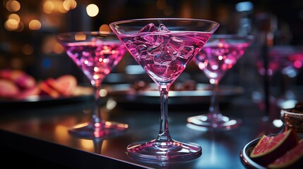 A group of stylish pink girlish cocktails in glasses with high stems at the bar counter. Generative AI