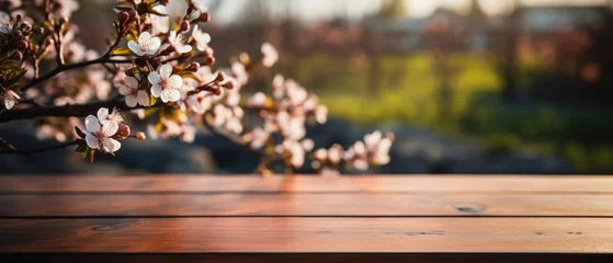 Tuinposter Wooden table spring nature bokeh background, empty wood desk product display mockup with green park sunny blurry abstract garden backdrop landscape ads showcase presentation. Mock up, copy space. © Synthetica