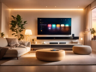 The living room bathed in soft evening light, a cosy setting, a smart TV with a voice command logo on-screen design, a soundbar beneath, IoT devices seamlessly integrated, and warm ambient lighting