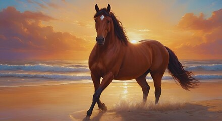 The Elegant Brown Horse on a Coastal Horizon, Sundown Majesty, Animal wallpapers