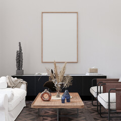 Mockup frame, poster empty in home design, farmhouse modern interior design element mockup, 3d...