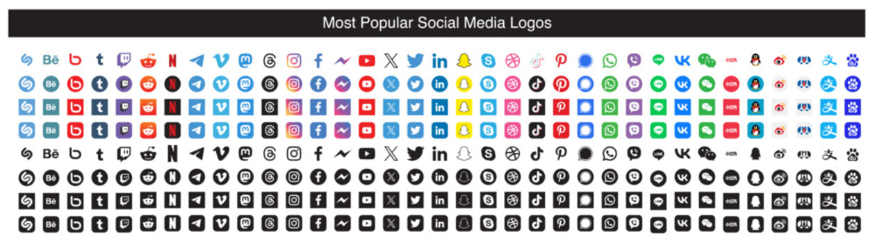 Social media and messenger logo and icon. Facebook, Instagram, LinkedIn, Mastodon, Tencent, QQ, Xiaohongshu, Weibo, Reddit, Baidu, Snapchat, Signal, Telegram, Threads, TikTok, WeChat, WhatsApp