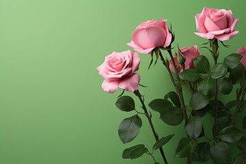 Pink roses on a green background with copy space for your text