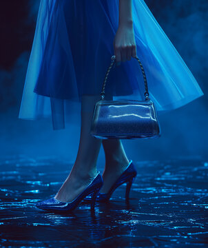 shoe of a woman holding a blue purse