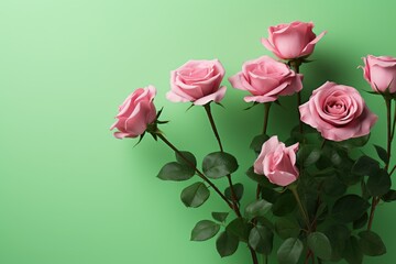 Obraz premium Pink roses on a green background with copy space for your text