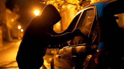 Car thief in action at night, concept of auto theft and crime.
