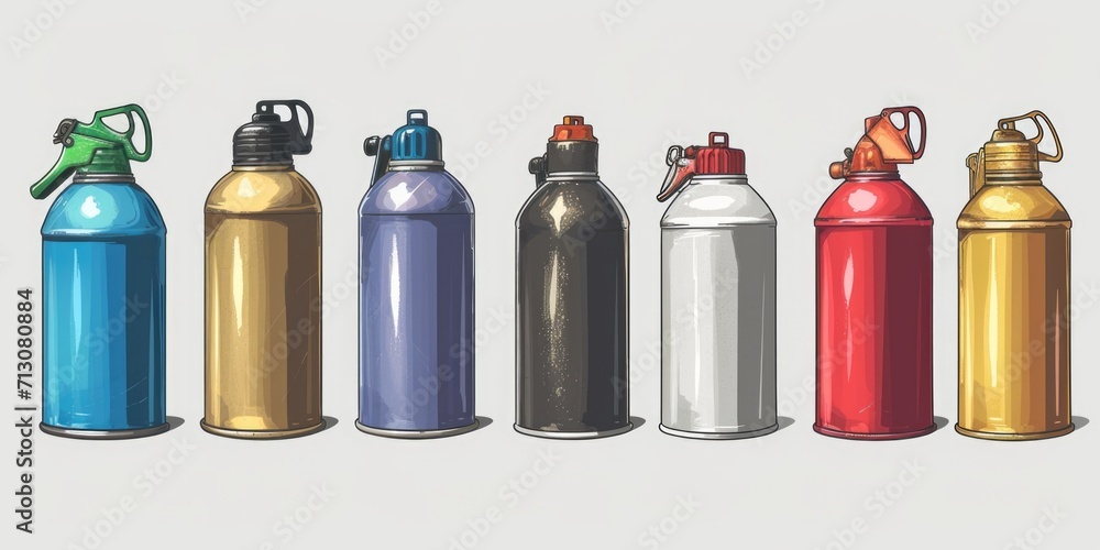 Poster A row of different colored spray cans lined up next to each other. Ideal for graphic design projects or artistic concepts