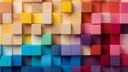 Vivid and playful arrangement of colorful wooden blocks on a wide format background