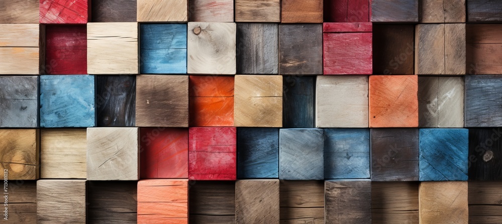 Poster colorful wooden blocks arranged in a row on a wide format background with copy space