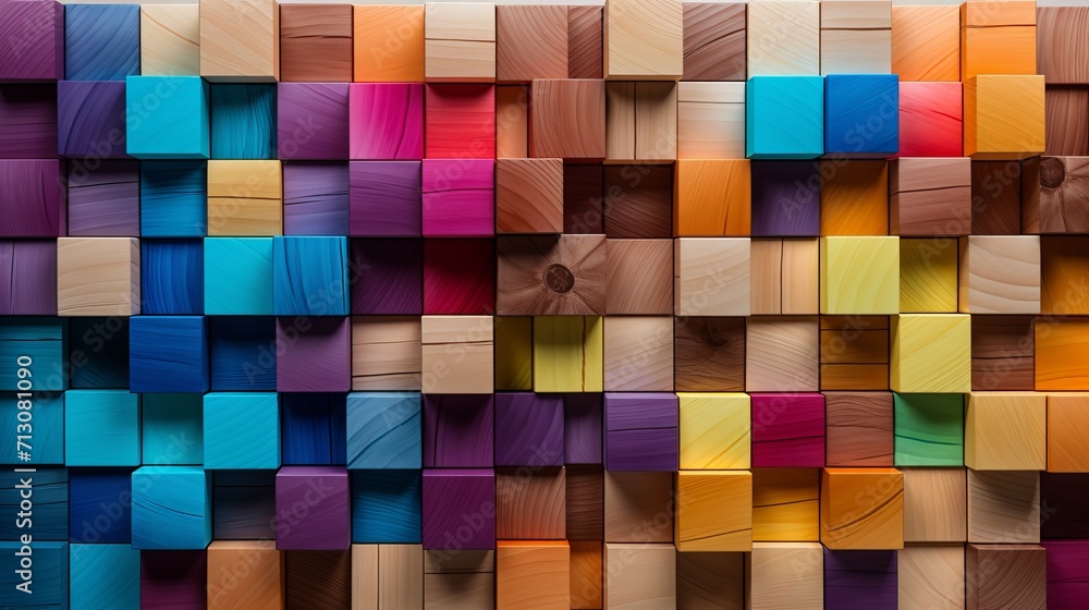 Poster colorful wooden blocks aligned on wide format background, creating playful and imaginative concept.