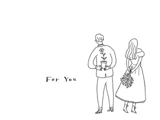 手に花を持った若い男女の後ろ姿、カップル、線画