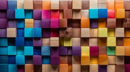 Colorful wooden blocks aligned on wide format background, creating playful and imaginative concept.