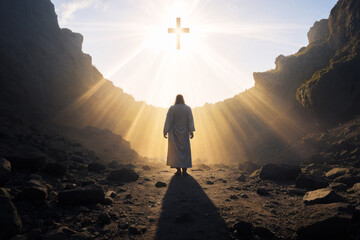Jesus Christ standing at entrance to tomb. resurrection of Christ. light from heaven. Jesus is risen out of a dark stone cave into light. Easter - obrazy, fototapety, plakaty