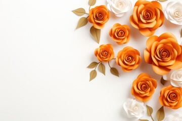 Flowers composition. Frame made of orange and white roses on white background. Flat lay, top view