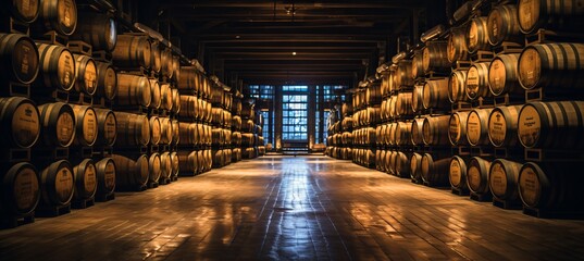 Rustic wooden whiskey, bourbon, and scotch barrels in distillery aging warehouse - obrazy, fototapety, plakaty