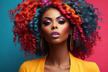 Beautiful african american woman with bright makeup and colorful hair