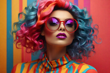 Obraz premium Glamorous portrait of a woman with a crazy multi-colored hairstyle, bright makeup and fashionable glasses on a bright colored background.