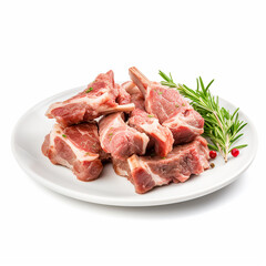 raw pork chops, raw meat on a plate, raw meat on a white plate, fresh mutton in meat in white plate side view white, Fresh uncooked chopped pork for stew. Isolated over white background, generative ai