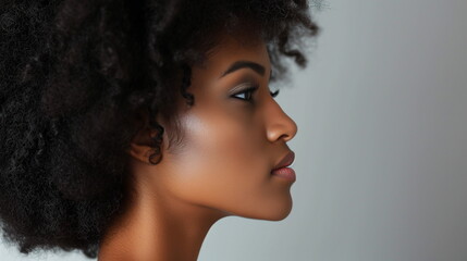 Profile portrait of beautiful curly african american woman over gray background - obrazy, fototapety, plakaty
