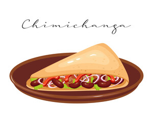 Flatbread with meat, chili and beans, Chimichanga, Latin American cuisine. National cuisine of Mexico. Food illustration, vector