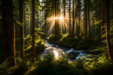 Obraz premium Picture the twilight symphony of Sainte-Marguerite Valley Forest—a narrow river flowing gracefully beneath the canopy of ancient trees. Impeccable lighting captures 