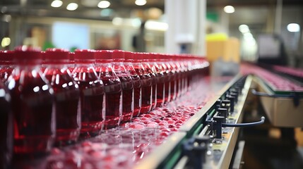 Modern beverage factory interior with automated conveyor belt system transporting juice bottles - obrazy, fototapety, plakaty