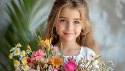 Smiling young girl with holding palm sunday bouquets, children in palm sunday photo