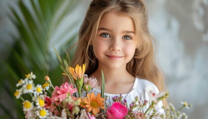 Naklejka premium Smiling young girl with holding palm sunday bouquets, children in palm sunday photo