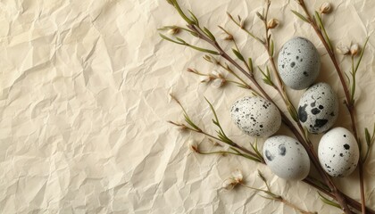 Willow branches and eggs showcased on a creamy paper background, palm sunday greetings photo