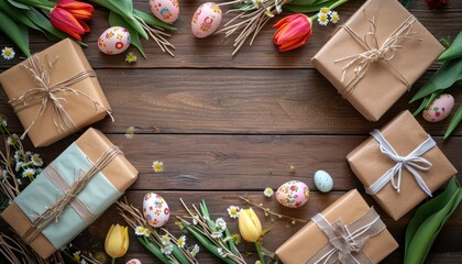A top view of a table beautifully decorated with gifts willow tulip flowers and easter eggs, palm sunday sunset concept