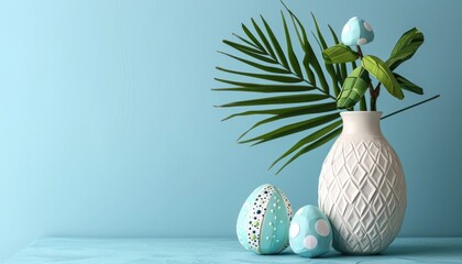 Ivory vase with palm leaf and paper craft easter egg on blue background, palm sunday sunset image