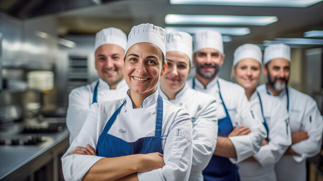 close-up Female chef accompanied by her kitchen team, posing coquettishly in the centre of her kitchen. image artificial intelligence