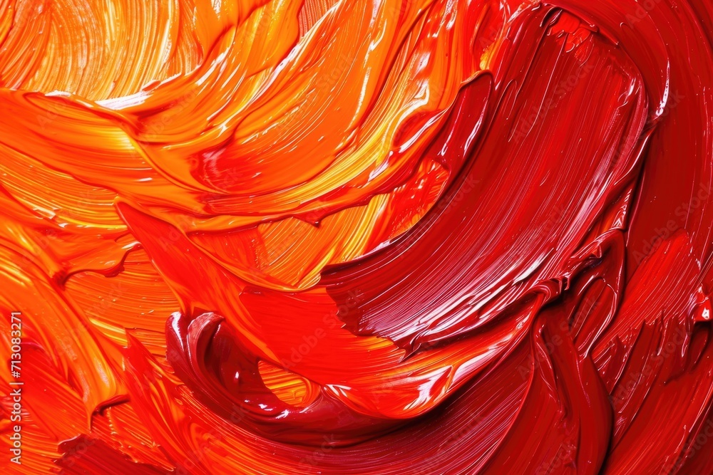 Poster A close-up view of a vibrant painting with red and orange colors. This image can be used to add a pop of color and energy to any design project