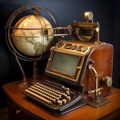 old typewriter with map, vintage typewriter with map, Old typewriter to print text manually stands on the table, 1930s era computer terminal with mouse and keyboard, generative ai - obrazy, fototapety, plakaty