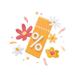 Spring sale voucher with percent sign and 3D plasticine flowers, confetti, tinsel. Discount coupon, clay narcissus and chamomile, isolated yellow lucky tear-off ticket. Vector promo illustration